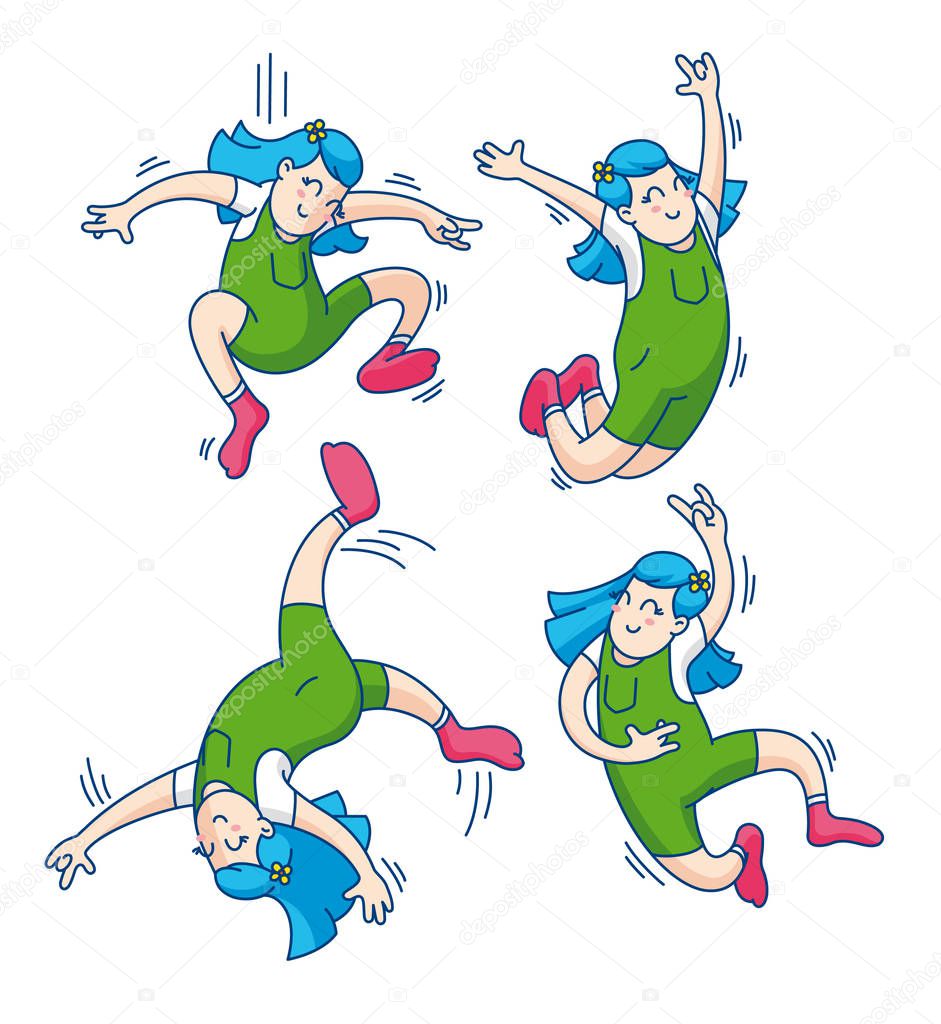 Jumping kids vector illustration isolated on white background. Young girl  jumping, same character in same style, wearing socks, outline, flat design
