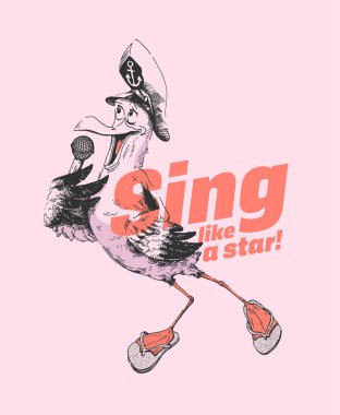 El martı şarkı bir mikrofon ve giyen Kaptan şapka ve terlik çekilmiş. En az vektör illüstrasyon izole ışık arka plan üzerinde ayrıntılı. Restoranlar ve kitap illüstrasyon için idealdir.