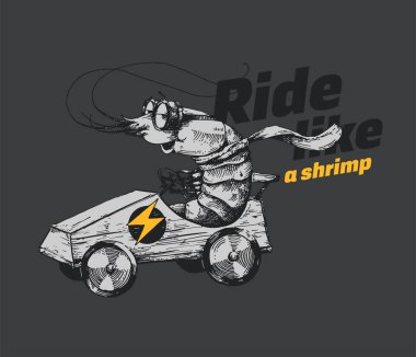Siyah karides bir elektrik go cart vektör çizim biniyor. Gözlük ve hızlı araba ile yarış eşarp racer yengeç el çekilmiş. Sanat tasarım poster ve serin çıkartmaları için sıraya. Aşk hızı.