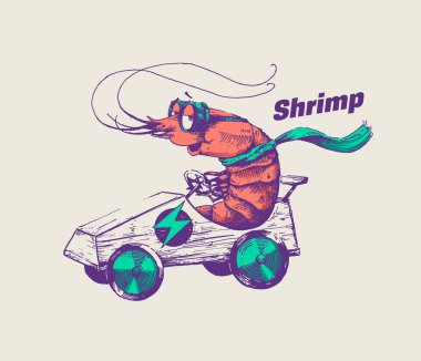 Hipster karides bir elektrik go cart vektör çizim biniyor. Gözlük ve hızlı araba ile yarış eşarp racer yengeç el çekilmiş. Posterler ve serin çıkartmaları için satır sanat tasarım.