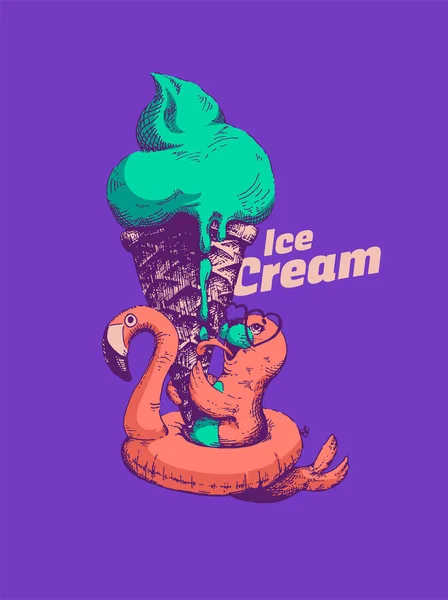 Тюлень Облизывает Гигантское Фисташковое Мороженое Надувной Векторной Иллюстрации Фламинго Морская — стоковый вектор