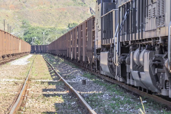 Perspective view of train wagons of iron ore and rails, industry.