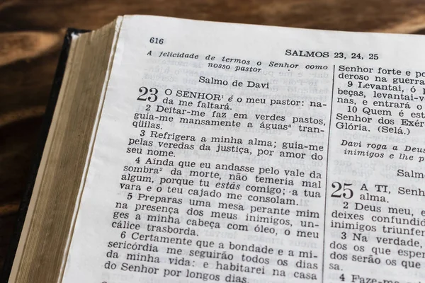 Fechar Bíblia Aberta Salmos Texto Português Brasileiro — Fotografia de Stock