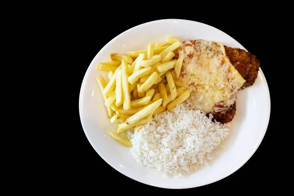 Nahaufnahme Auf Dem Teller Parmegiana Huhn Kartoffelchips Und Weißer Reis — Stockfoto