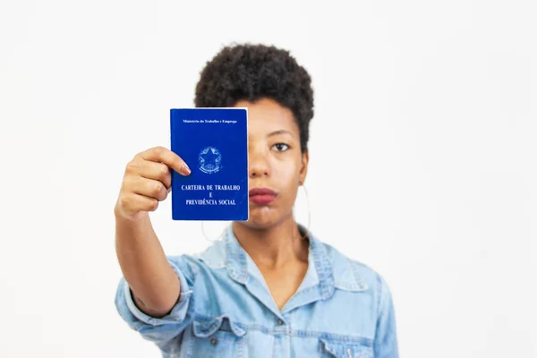 Braziliaanse Vrouw Met Document Werk Sociale Zekerheid Carteira Trabalho Previdencia — Stockfoto