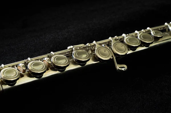 Silver Flute Close Black Background Short Depth Field — Stock Photo, Image