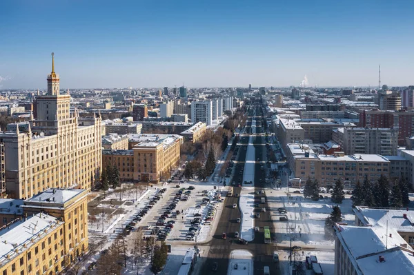 Havadan Chelyabinsk kar Cityscape drone panoramik görünümü