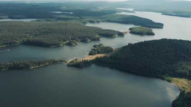 Воздушный беспилотный обзор лесных островов в водном резервуаре — стоковое видео