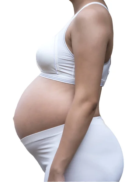 Schwangere Frauen Seite Der Jungen Schönen Schwangeren Tragen Weiß Mit — Stockfoto