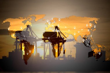 Genel bağlantı bağlantı taşıma, global harita arka plan ve gündoğumu ve siluet İhracat Sanayi, sabah saat taşımacılığında bağlantı noktası alma
