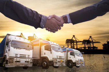 Logistics and Transportation Truck and Cargo ship with Business Collaboration, Businessman shake hands, logistic import export and transport industry background clipart