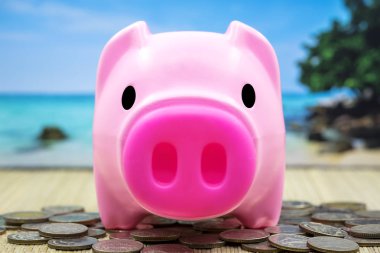 Bütçe tatil seyahat kavramı, kumbara ve yığın para okyanus arka plan ile masada