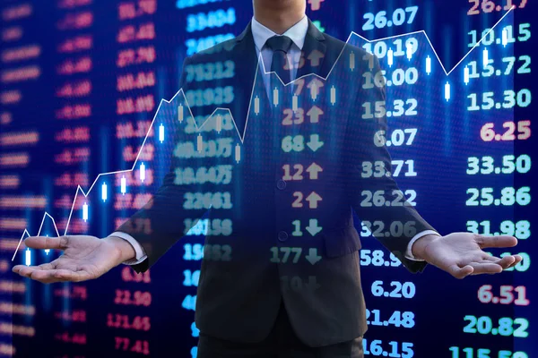 businessman pose open palms hands on Stock market chart background, Financial data on electronic board