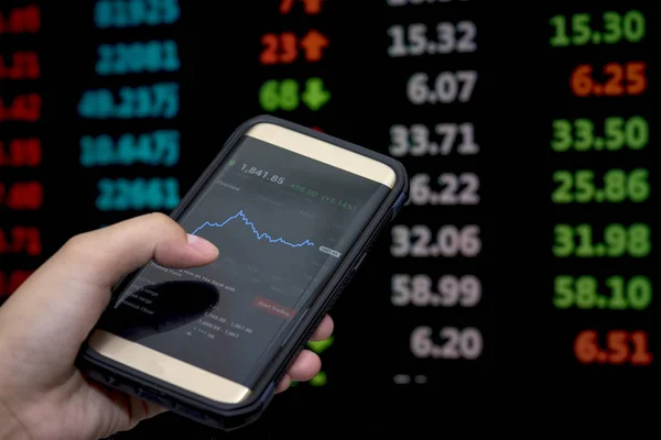 Stock Market Application for Mobile, Analyzing Data Stock Market on Mobile Young Businessman with Smartphone and Stock Market Chart Background.