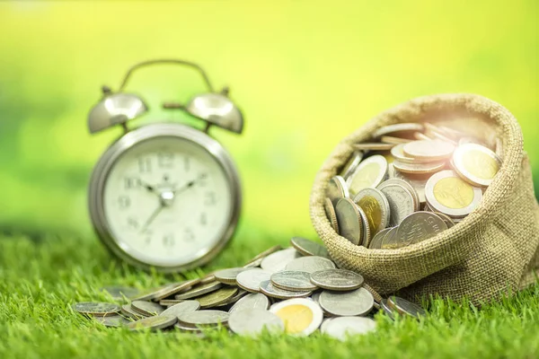 Zaman para kavramı, çim çanta ve çalar saat arka planda çok madeni para kaydetmek için