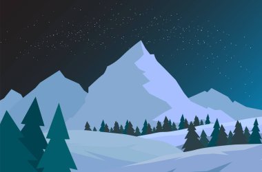 Gece Noel orman Dağları ile. Yeni yıl kartı. Yıldızlı gökyüzü