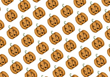 Beyaz arkaplanlı doku ve yüzleri dikey çizgilerle çizilmiş turuncu renkli birkaç balkabağı..