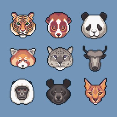 Piksel sanat Asya vahşi hayvanlar Icons set vektör.