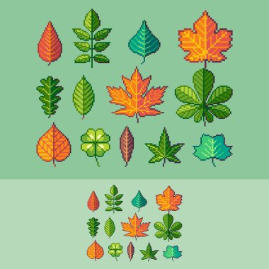 Piksel sanat ortak ağaçların yaprakları Icons set vektör.