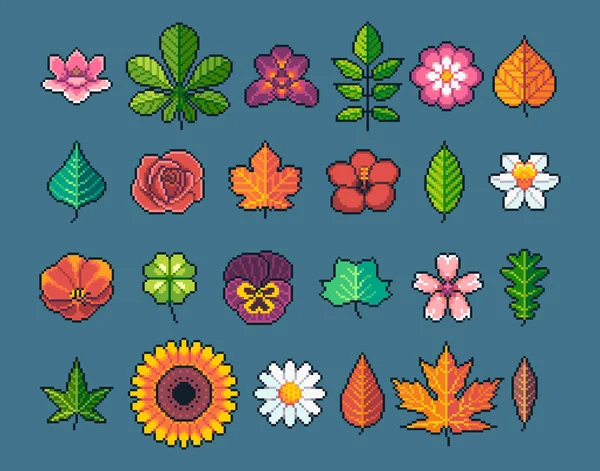 Pixel art leaves and flowers vector icons set.