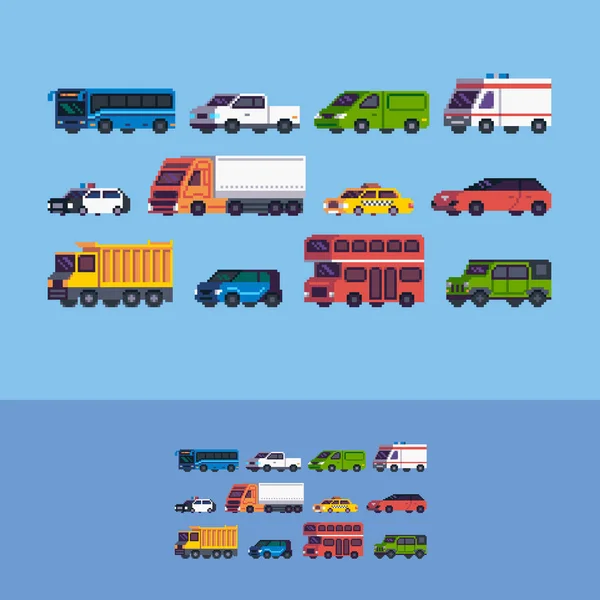 Pixel Art Cars Different Tipe Vehicle Vector Icons Set — Stock Vector