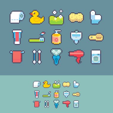 Icons set piksel sanat vektör banyo malzemeleri.