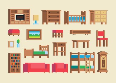 Vektör kümesi piksel sanat ahşap mobilya ve aksesuarları.