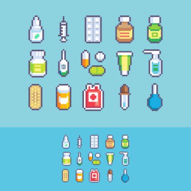 Pixel art medication healthcare vector icons set.	 clipart