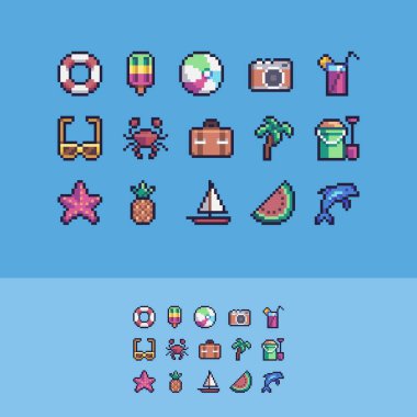 Piksel sanat yaz tatil vektör Icons set.
