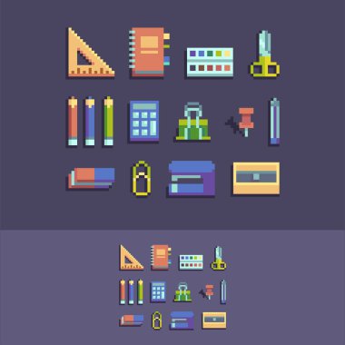 Piksel sanat 8 bit vektör okul malzemeleri.