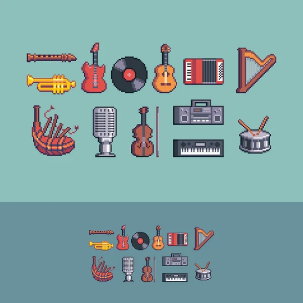 Pixel Arte Retro Estilo Instrumentos Música Conjunto Vetorial — Vetor de Stock