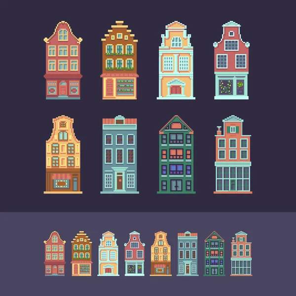 Set Customizable Pixel Art European Houses — Vector de stock