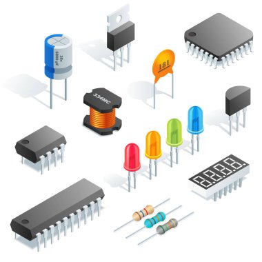 Beyaz arka plan üzerinde izole izometrik vektör elektronik bileşenler.