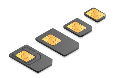 İzometrik çizimde defferent sim kartı türleri: mini, mikro, nano.