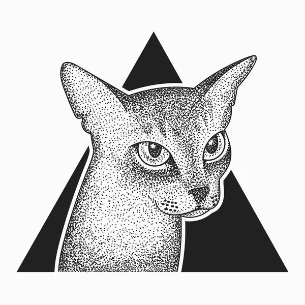 Siyahişi Dotwork Dövme Abyssinian Kedi Üçgen Tasarım — Stok Vektör