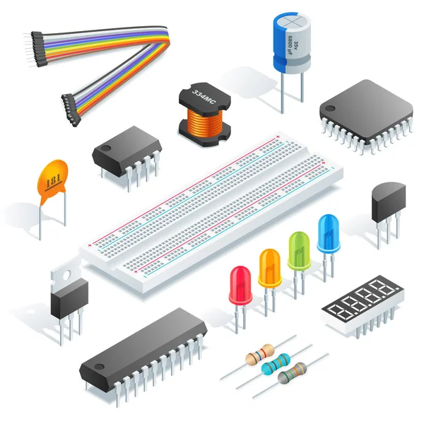 Componentes Electrónicos Isométricos Aislados Ilustración Del Vector Fondo Blanco — Vector de stock