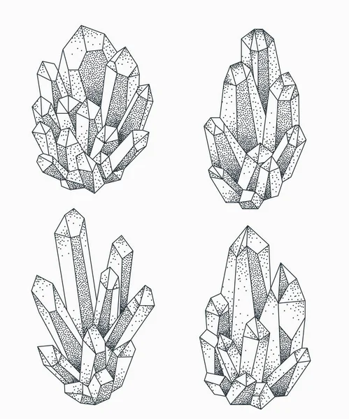 Cristal Clusters Ilustração Vetorial Projeto Tatuagem Blackwork Dotwork — Vetor de Stock