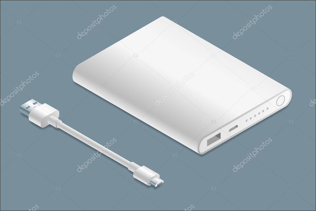 Isometric white powerbank with micro-USB cable illustration.