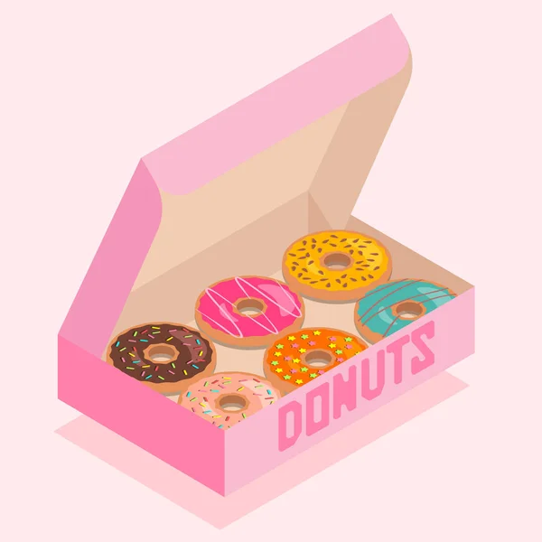 Isometrische Darstellung Einer Rosa Schachtel Mit Donuts — Stockvektor