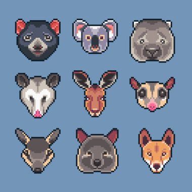 Piksel sanat vektör Avustralya hayvanlar Icons set.