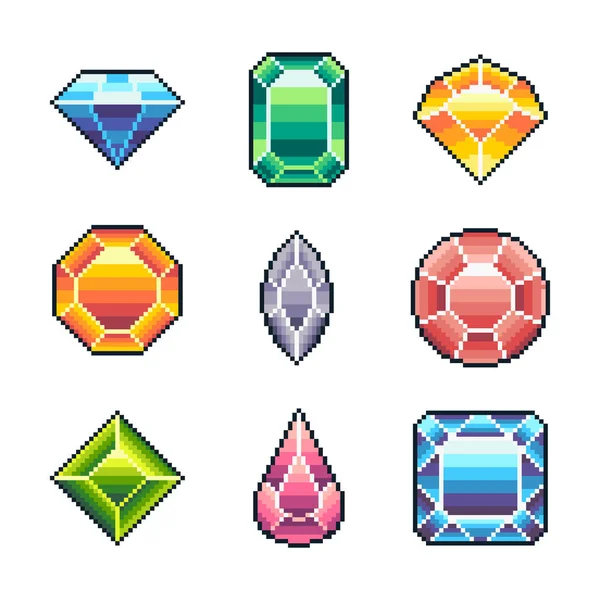 Pixel Arte Vectorial Gemas Para Juego Aislado Sobre Fondo Blanco — Vector de stock