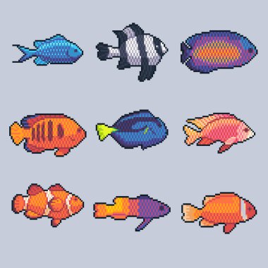 Piksel sanat vektör tropikal balık Icons set.