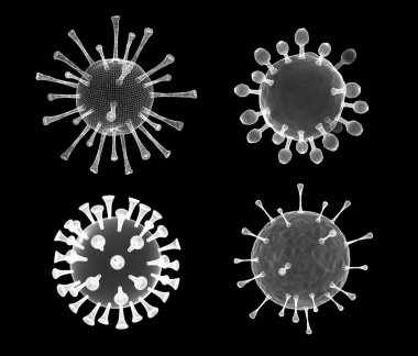 Virüs grafik görüntüsü. Tıbbi duvar kağıdı. Üç boyutlu illüstrasyon. Virüs beyaz yapısı siyah arkaplanda izole edilmiş. Coronavirus. COVID-19