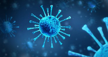 Virüs enfeksiyonu kapanıyor. Mavi arka planda virüsün 3 boyutlu tıbbi illüstrasyonu mikroskobik görüntüsü. Coronavirus COVID-19