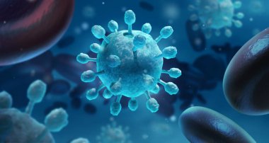 Virüs enfeksiyonu kapanıyor. Mavi arka planda virüsün 3 boyutlu tıbbi illüstrasyonu mikroskobik görüntüsü. Coronavirus COVID-19