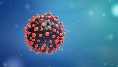Virüs enfeksiyonu kapanıyor. Mavi arka planda virüsün 3 boyutlu tıbbi illüstrasyonu mikroskobik görüntüsü. Coronavirus COVID-19