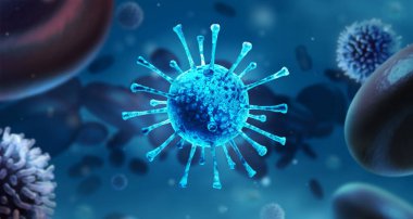 Virüs enfeksiyonu kapanıyor. Mavi arka planda virüsün 3 boyutlu tıbbi illüstrasyonu mikroskobik görüntüsü. Coronavirus COVID-19