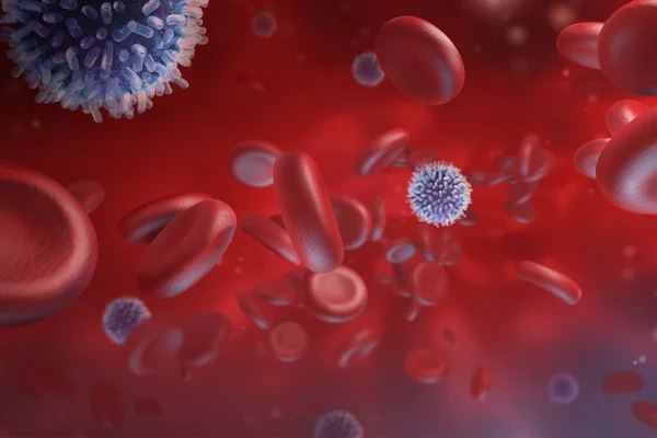 Kan mikroskobik görüntüsü. Üç boyutlu tıbbi illüstrasyon. Kırmızı ve beyaz kan hücreleri. Resim duvar kağıdı oluşturucu
