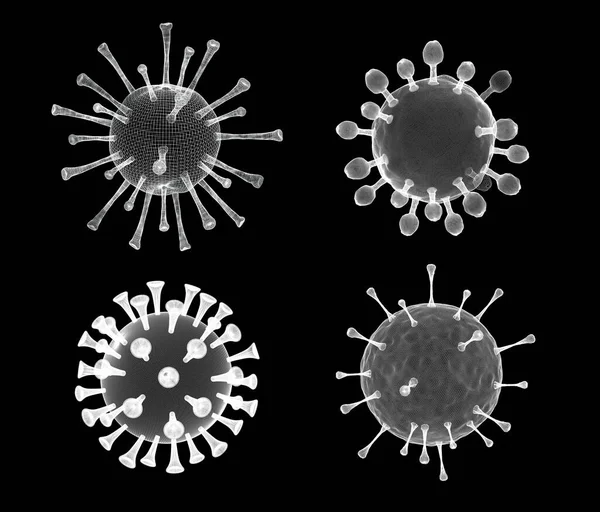 Virüs grafik görüntüsü. Tıbbi duvar kağıdı. Üç boyutlu illüstrasyon. Virüs beyaz yapısı siyah arkaplanda izole edilmiş. Coronavirus. COVID-19