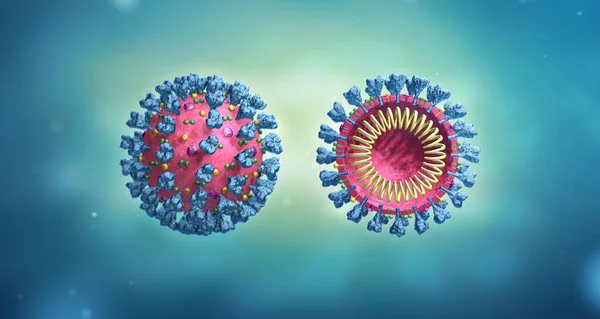 Virüs enfeksiyonu yapı modelini kapatıyor. Tıbbi duvar kağıdı. Virüsün mikroskobik görüntüsü. Coronavirus. COVID-19